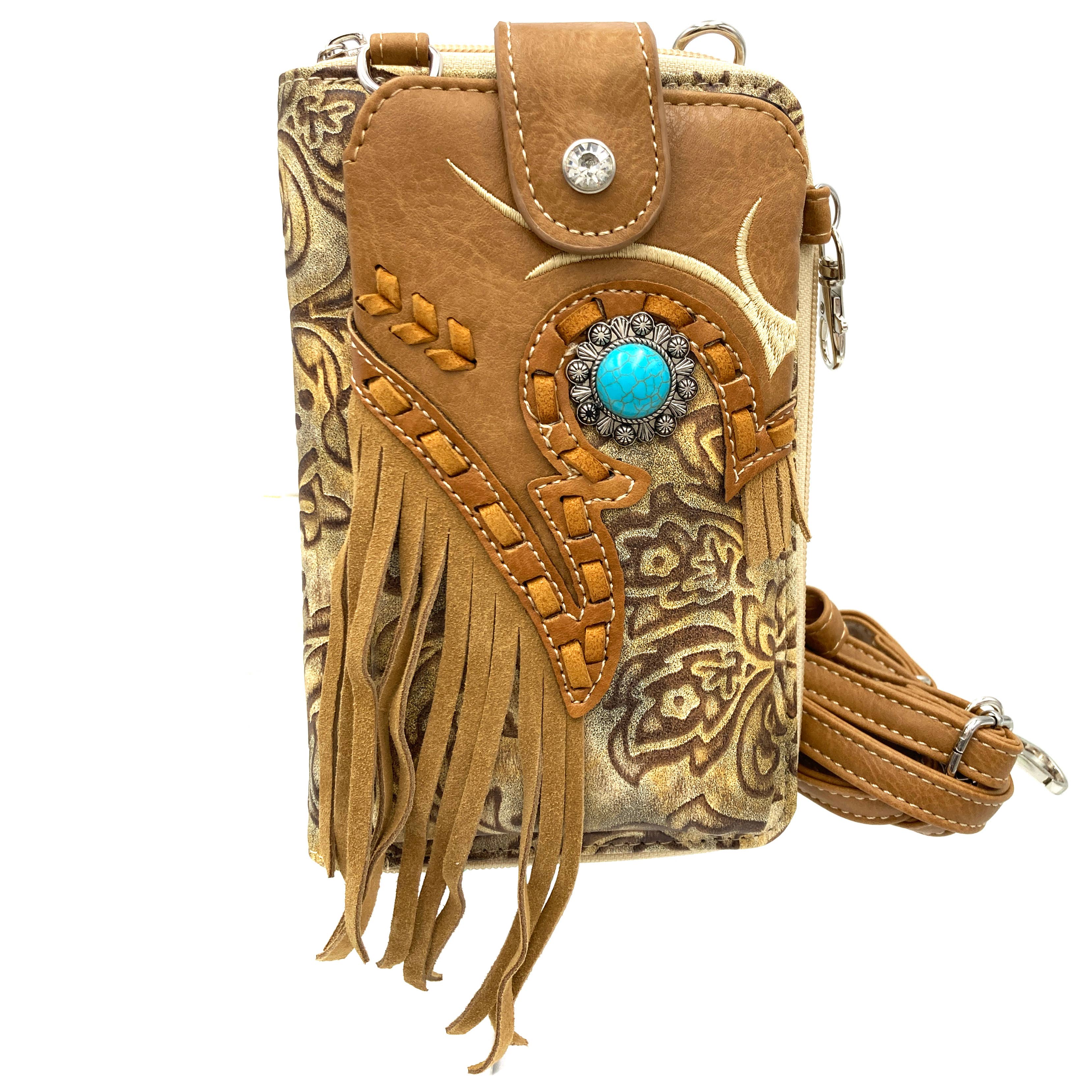 Lunar Deer - Wholesale Phone Wallet - Women's - Turquoise Concho Fringe Crossbody Western Phone Wallet1