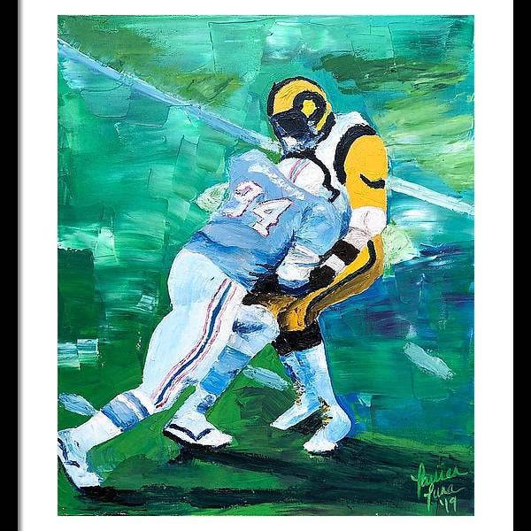 Earl Campbell Runs over Rams — Gerahmter Druck für den Großhandel von Lauren Luna Ltd Co.