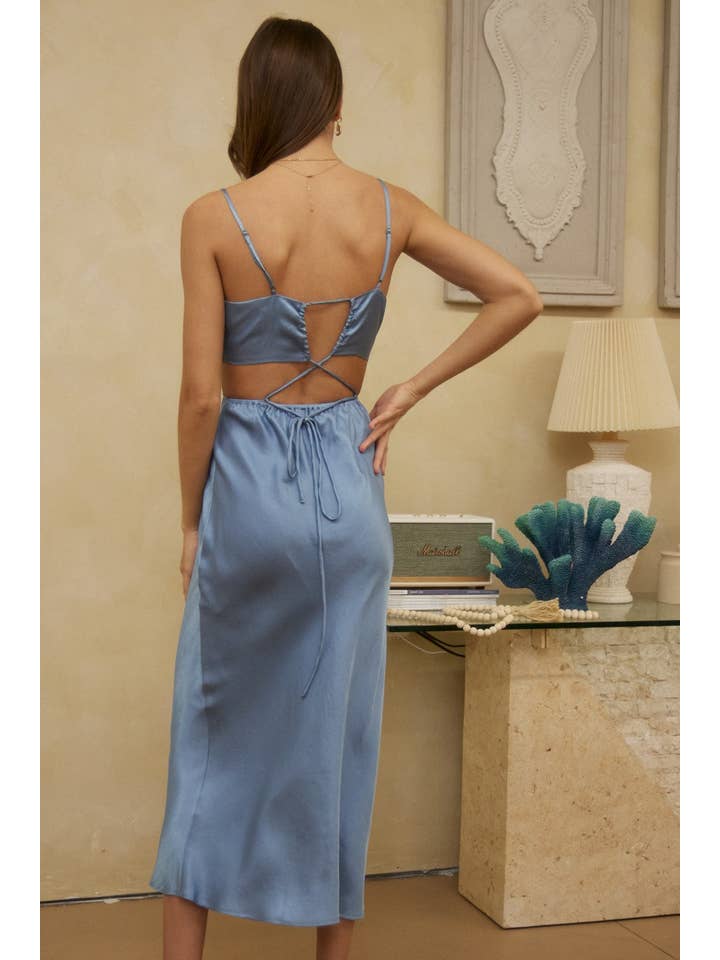 Endless Blu - Wholesale Dress - Women's - JD6470 STRAPPY WAIST CUT OUT MIDI SATIN DRESS