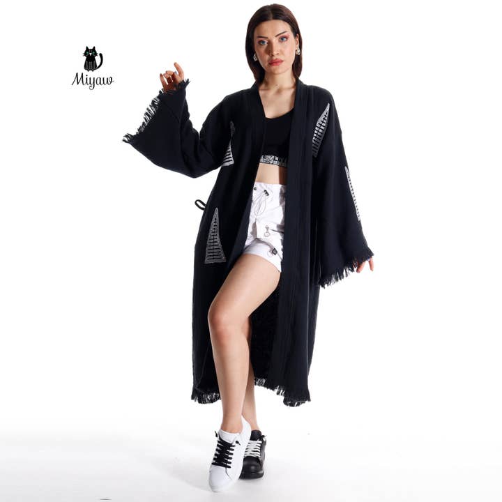 Boho Black White Pyramid Stamped Organic Cotton Bath Robe - Beach Kimono for wholesale on Faire
