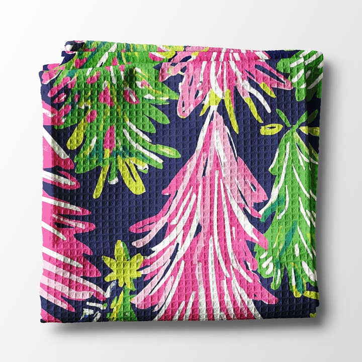 Canary Road - Wholesale Tea Towel - Preppy Navy Pink Chinoiserie Christmas Kitchen Towel Lime