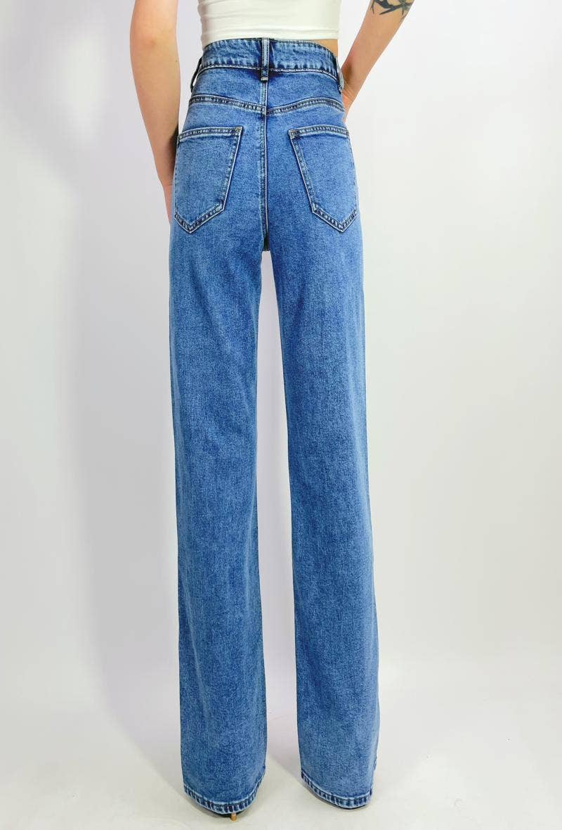 blauw Jeans H020-1 met hoge taille en wijde pijpen voor groothandel op Faire1