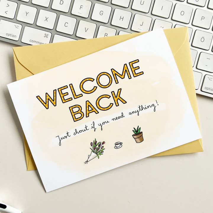 Sjov velkommen tilbage lykønskningskort til tilbagevendende teammedlemmer for engroshandel hos The Friendly Colleague