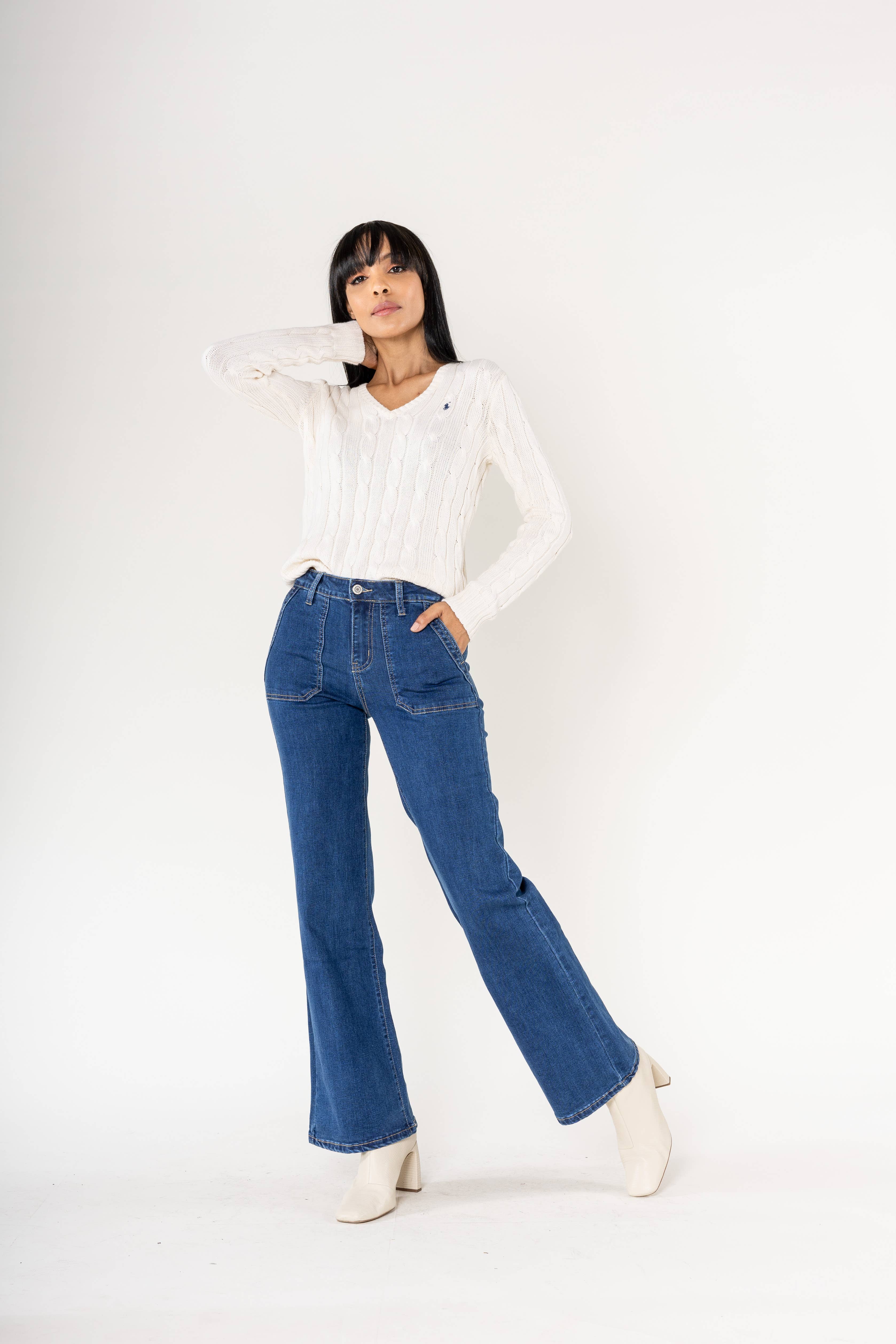 Nina Carter - Vendita all'ingrosso Jeans - Donna - Jeans svasati elasticizzati a vita alta larghi P1239