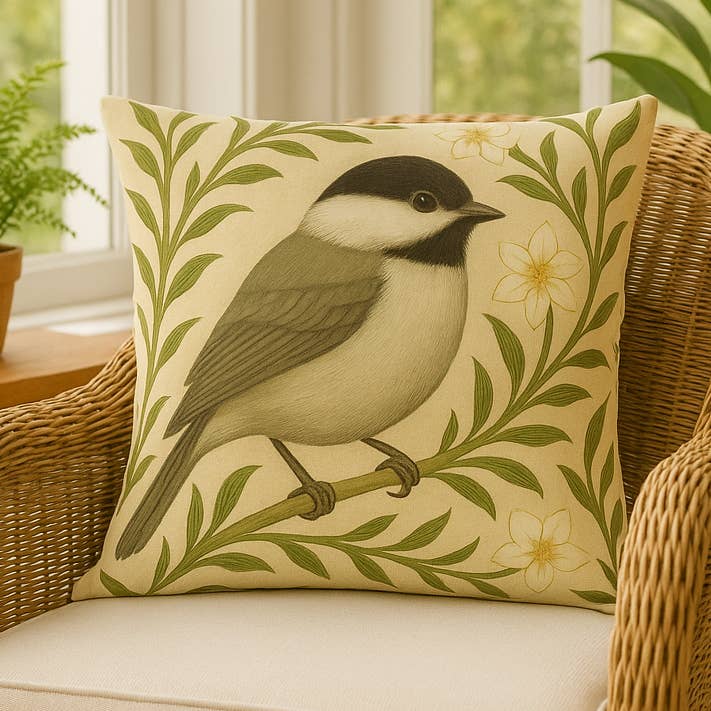 Black Capped Chickadee Decorative Pillow, William Morris for wholesale by Upside Down Owl Farm