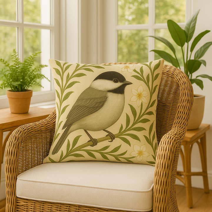 Coussin décoratif Mésange à tête noire, William Morris pour la vente par Upside Down Owl Farm