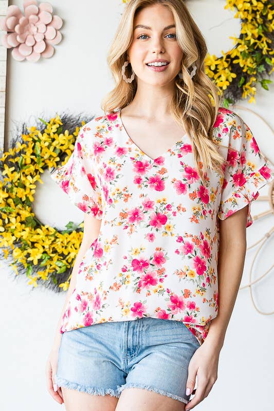 HEIMISH - Vente Chemisier – femme - ET7311-11 HAUT À MANCHES AVEC ENCOLURE EN V VOLANTÉE ET IMPRIMÉ FLORAL8