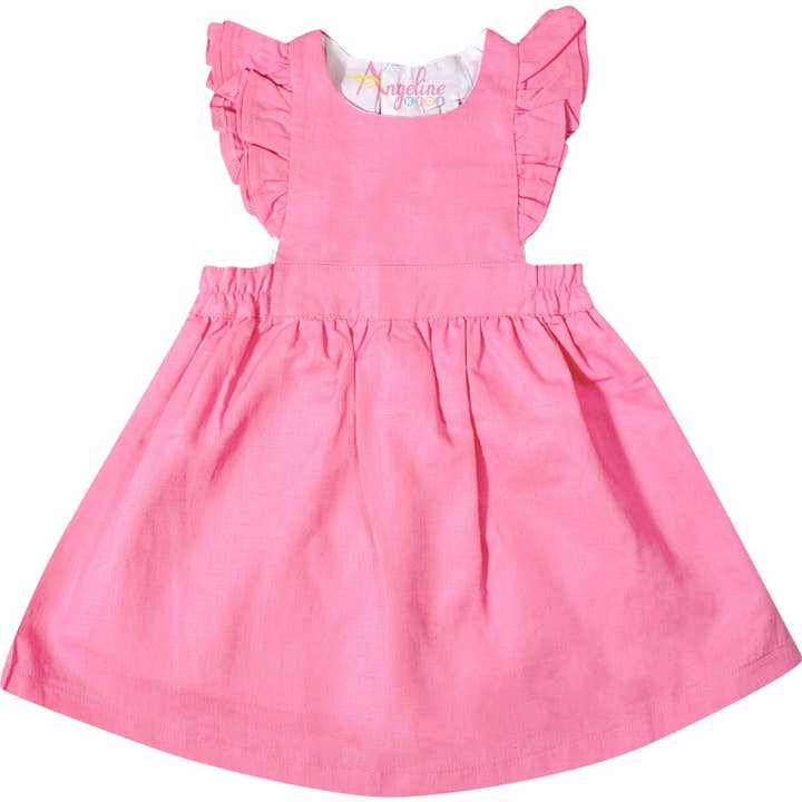 Baby Toddler Little Girls Vintage Flutter Pinafore Vestido de algodão de linho com babado - rosa, laranja claro, verde, menta, vermelho, lilás por atacado de Angeline Kids