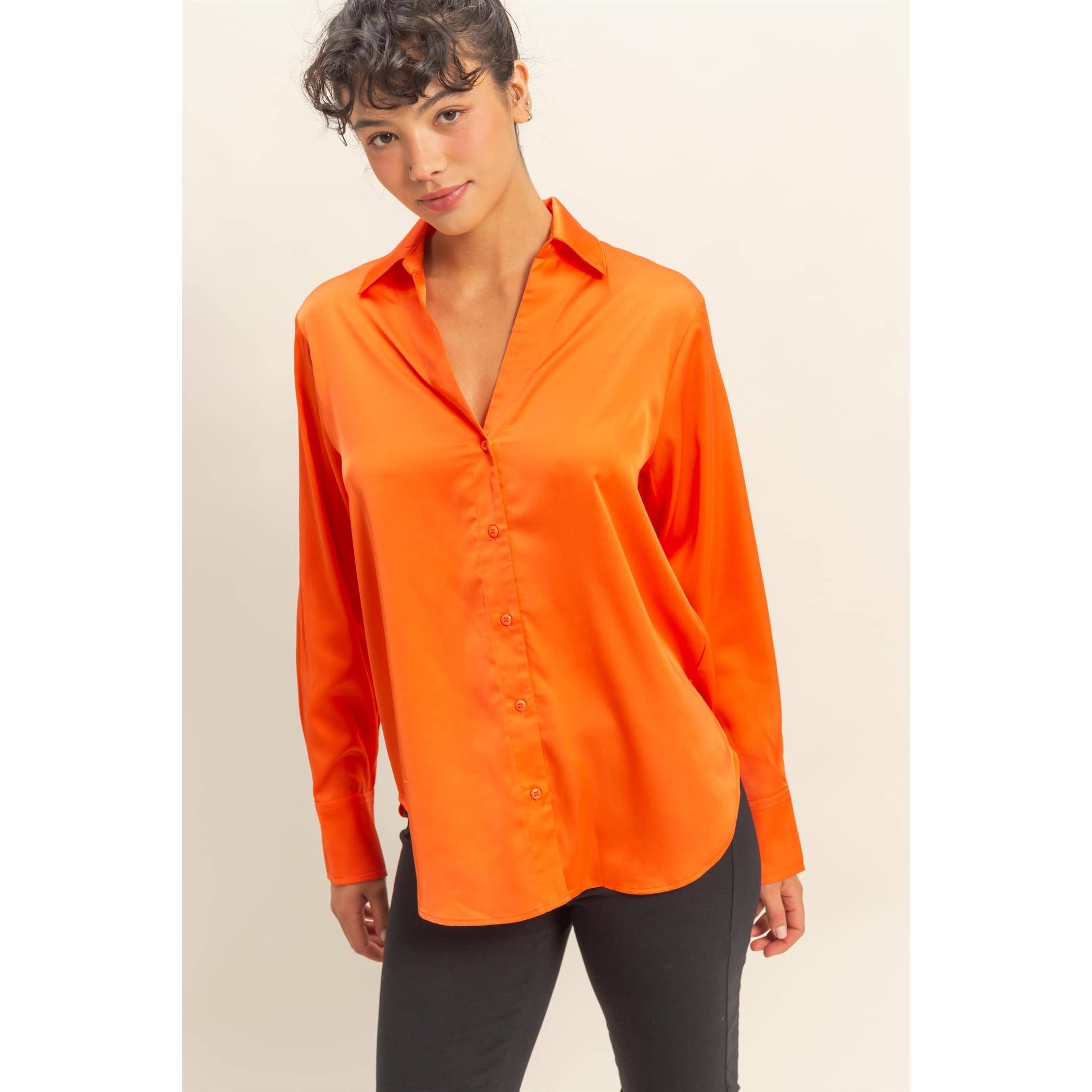 Double Zero - Wholesale Blouse - Women's - Button-Up Satin Shirt With Collared Neckline0