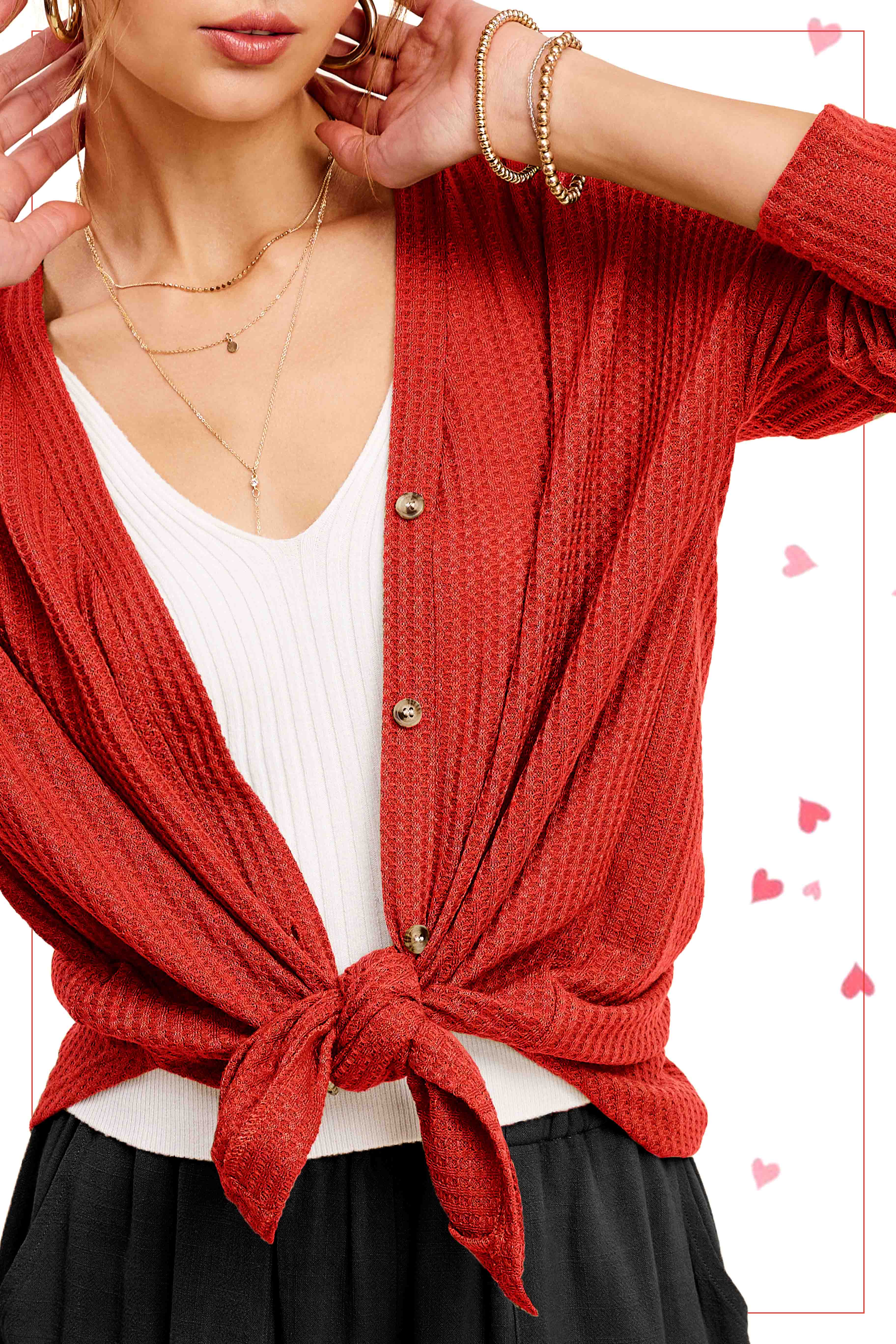 La Miel - Wholesale Cardigan - Women's - HBC2175-Soft Waffle Fabric Button Down Long Sleeve Cardigan10