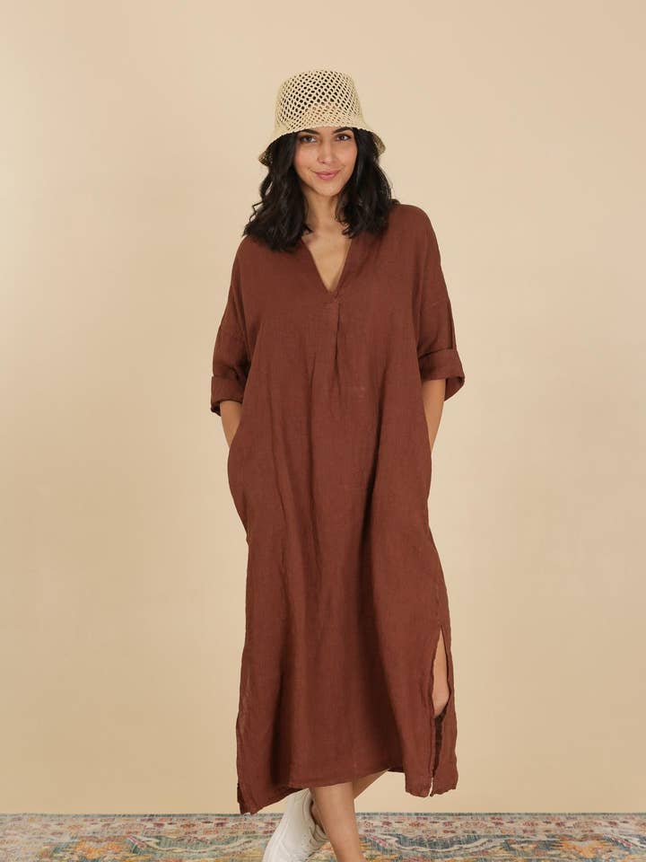 la maison des fibres naturelles - Wholesale Jurk - Dames - Lange jurk met Tunesische kraag 29340 100% linnen
