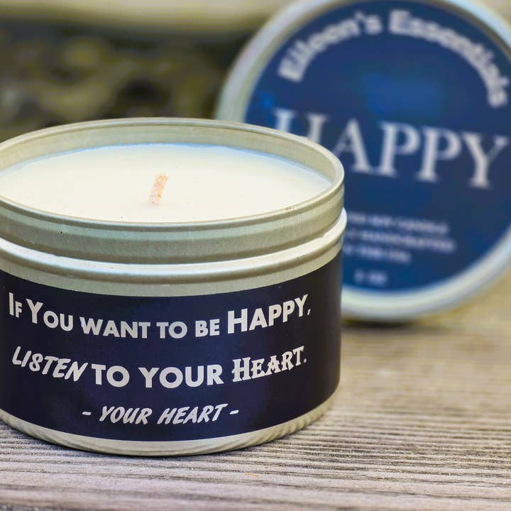Inspirational Travel (Tin) Candle; HAPPY for wholesale by Eileen's Essentials, llc