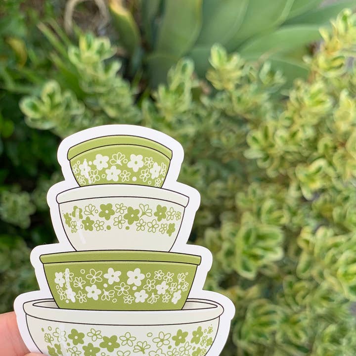 Vintage Green Crazy Daisy Pyrex Mixing Bowls Sticker/Magnet for wholesale by Extremely Retro