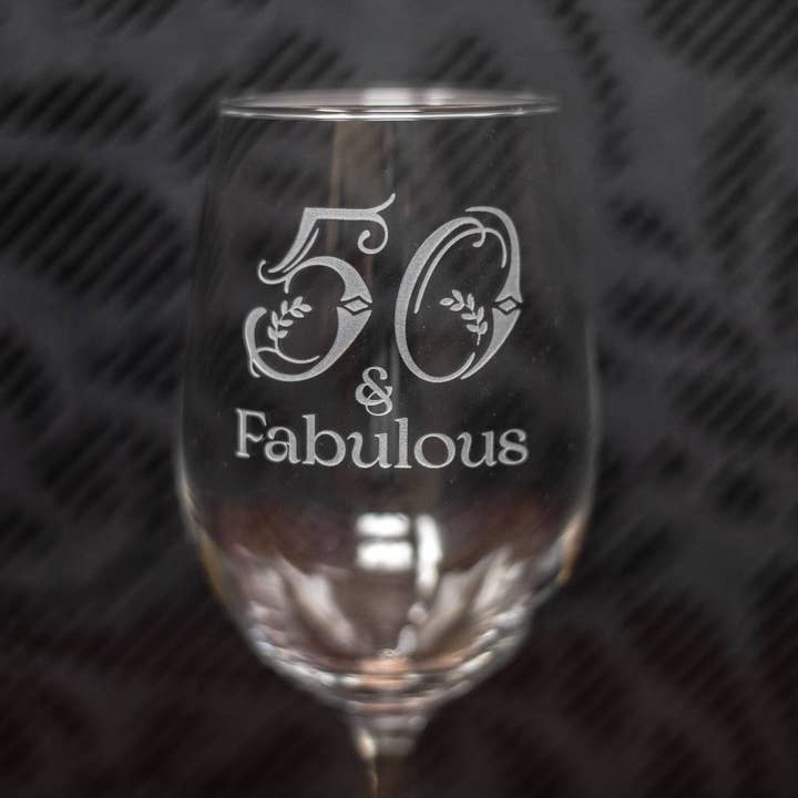 50 and Fabulous Glass | Sandblast Etched 50th Birthday Gift for wholesale by Gifts of Glass & Wear