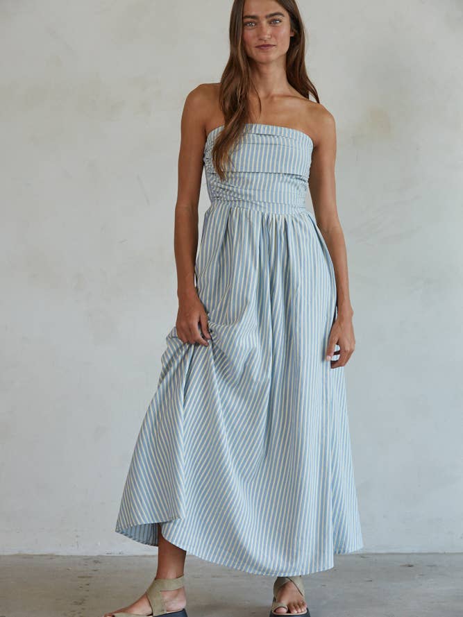 By Together – Engroshandel Kjole - Dame – L6998 | Strimmeløs Flare Maxikjole med Stribet Rørhals4
