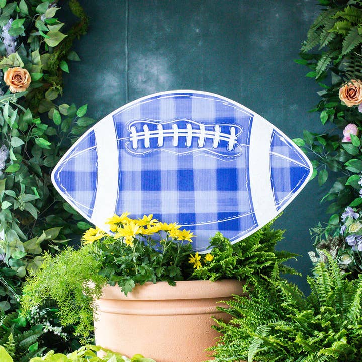Customizable Blue Gingham Football Garden Stake for wholesale by Songbird Grove Collection