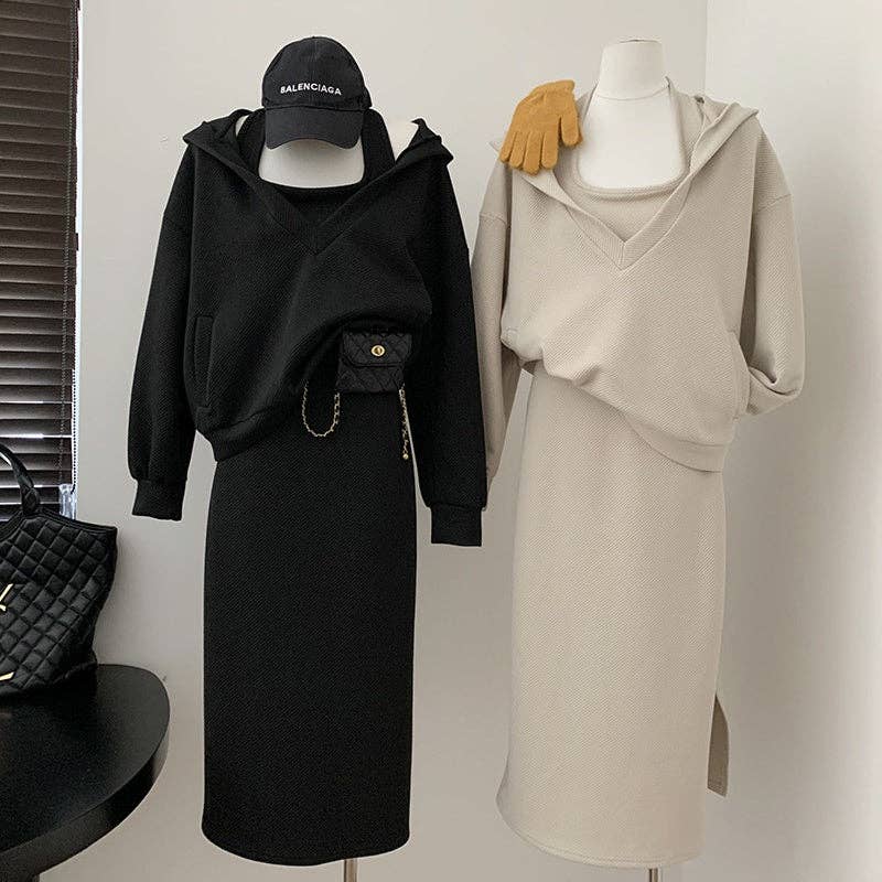 safistyle - Vente Ensemble haut et jupe - Femme - Ensemble jupe en maille à capuche deux pièces4