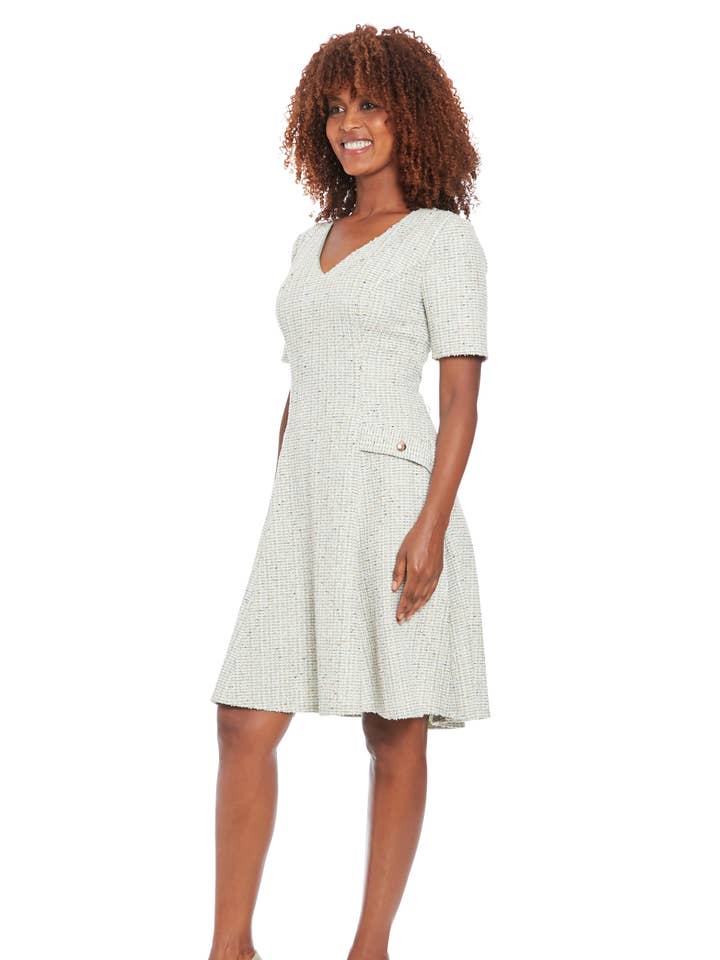 BOUCLE VNECK POCKET FIT AND FLARE DRESS for wholesale by Maggy London Group