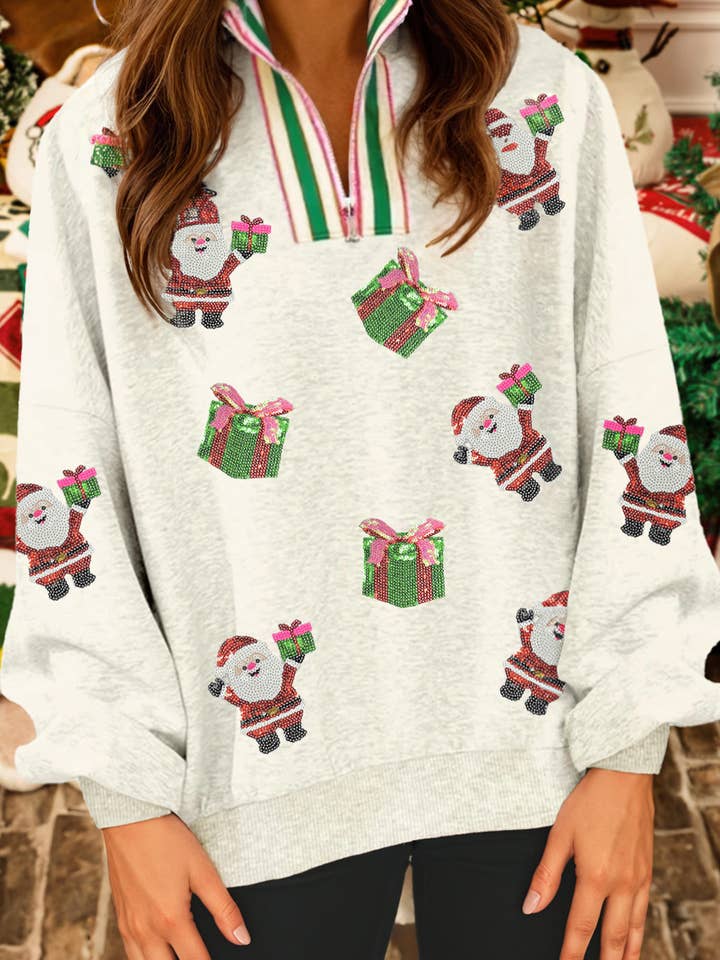 Striped Patched Christmas Sequin Santa Gift Sweatshirt for wholesale by fashionworks