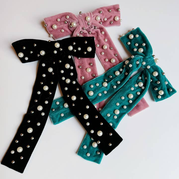 Ellison+Young - Wholesale Hair Clip - Women's - Pearl Throwed Velvet Bow Hair Clip