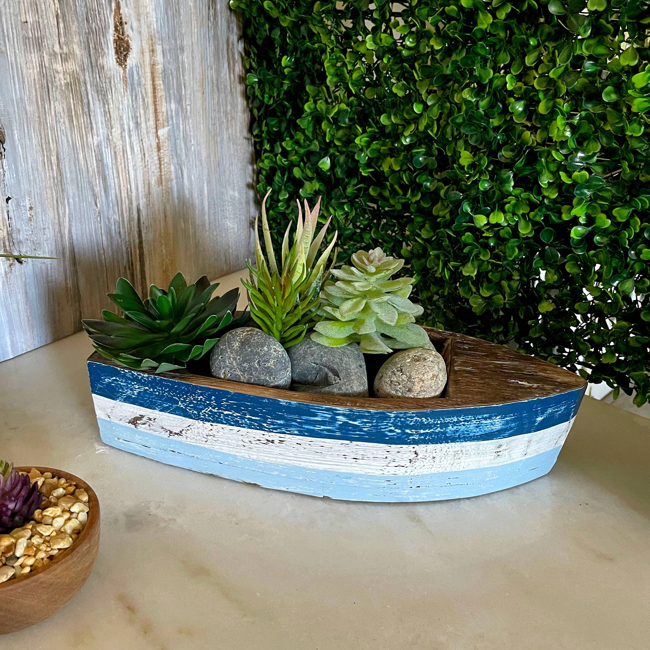 Zeckos - Vente Décorations de table - Centre de table décoratif bateau en bois rustique bleu et blanc 12"1