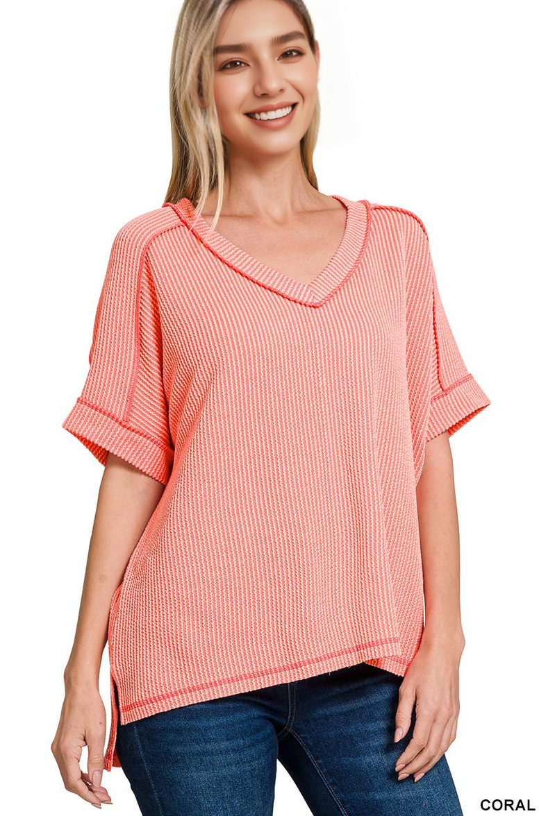 42POPS – wholesale Stickad topp - Dam – .Corded Rib Kortärmad Topp med Rå Kant59