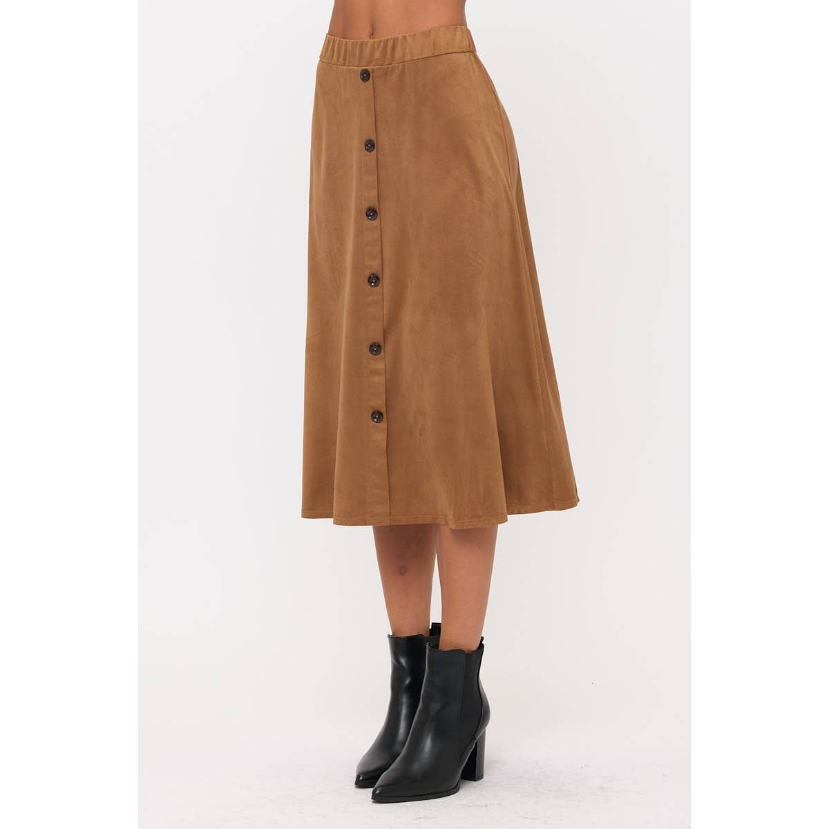 COGNAC ELASTIC WAIST ALINE BUTTON DOWN SUEDE SKIRT for wholesale on Faire2