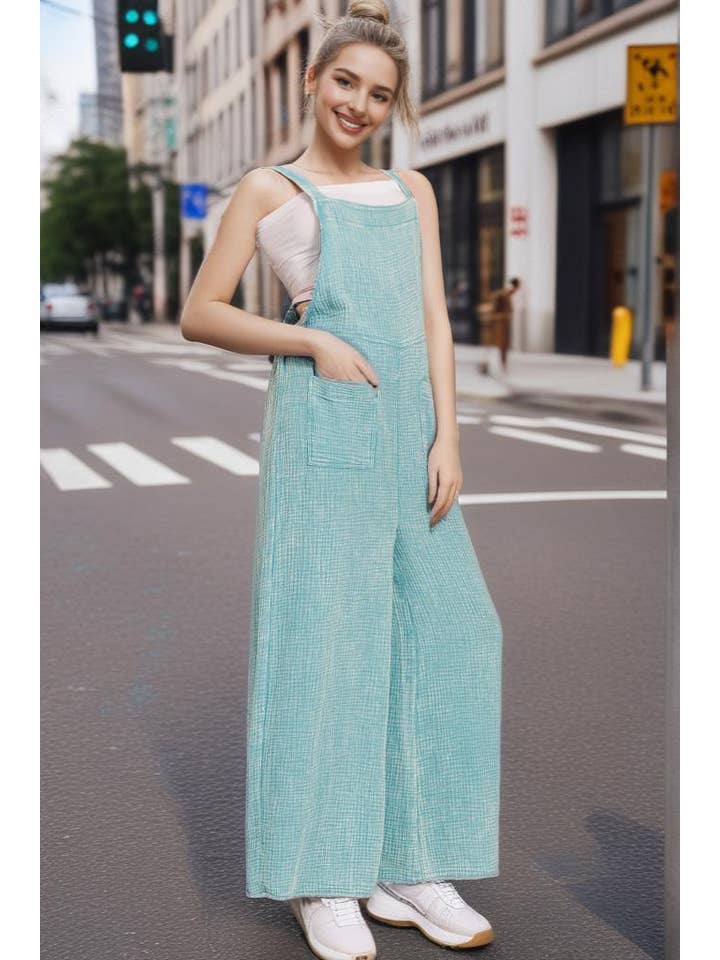 42POPS - Wholesale Overalls - Women's - 0723 Washed Double Gauze Wide Leg Overalls SI-258873