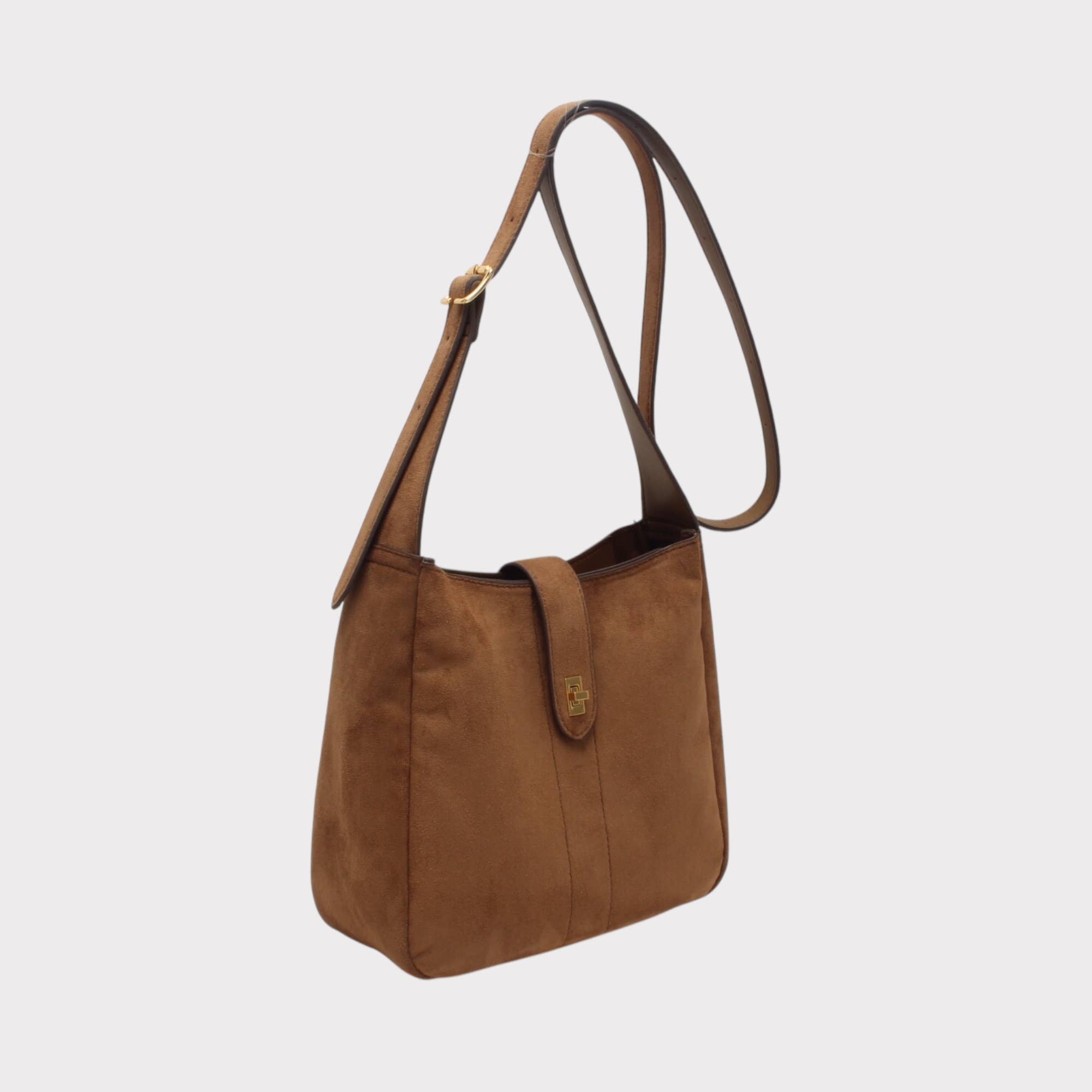 BESTINI – wholesale Axelremsväska – Dam – Axelremsväska, hinkformat, med guldfärgat spänne, mocka1