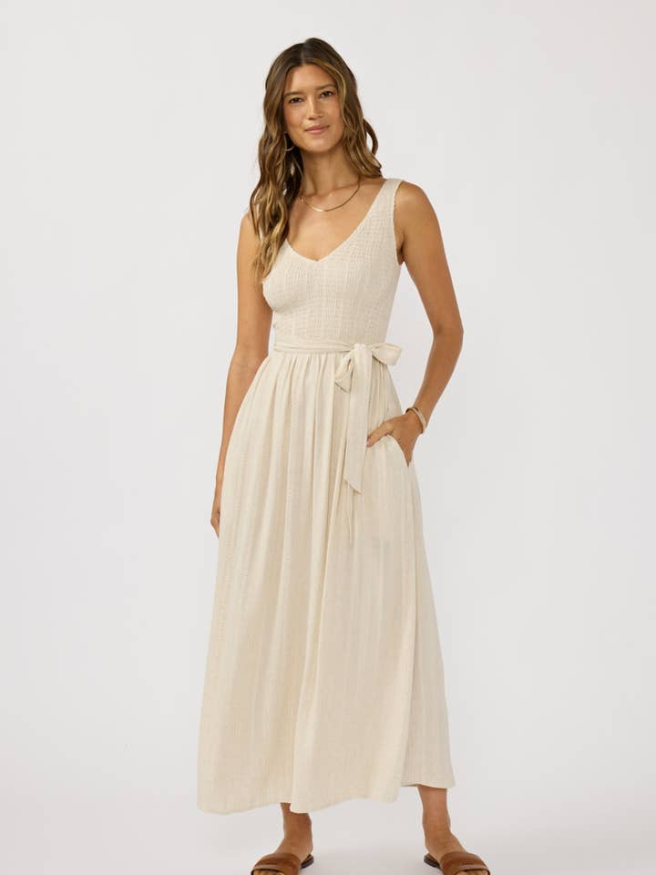 Sleeveless V Neck Smocked Bodice Midi Dress for wholesale by Lovestitch