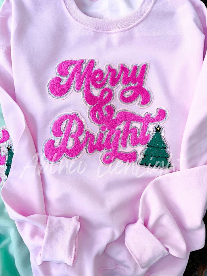 ABLNco - Wholesale Sweatshirt - Women's - Pink Merry & Bright Christmas Chenille Patch Sweatshirt