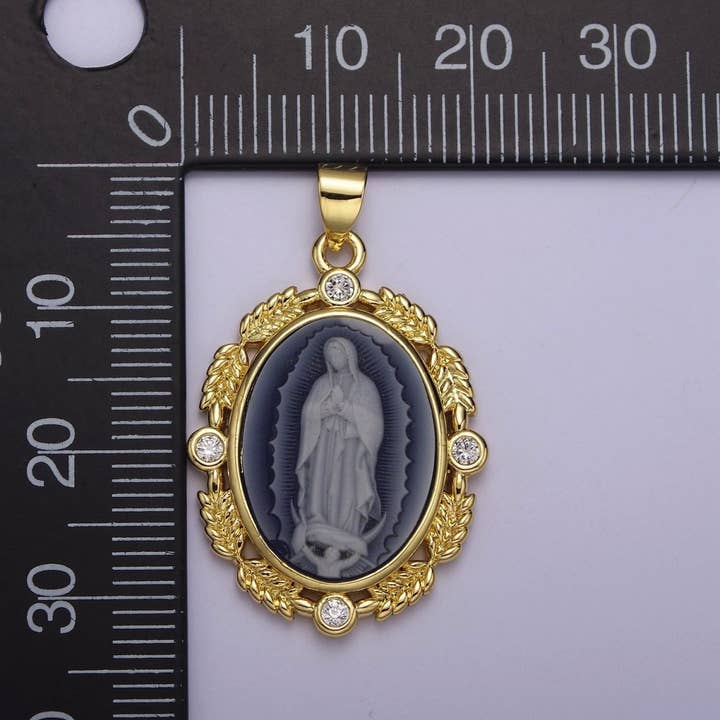 Aim Eternal - Wholesale Pendant/Charm Necklace - Dainty Micro Pave Vintage Blue Agate Virgin Mary pendant Lady Guadalupe cameo jewelry Charm Necklace J-185