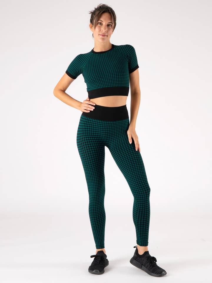 Completo Sportivo Donna in Tessuto Tecnico – Check Crop Top + Leggings Black/Teal | Heart and Soul for wholesale by HEART and SOUL