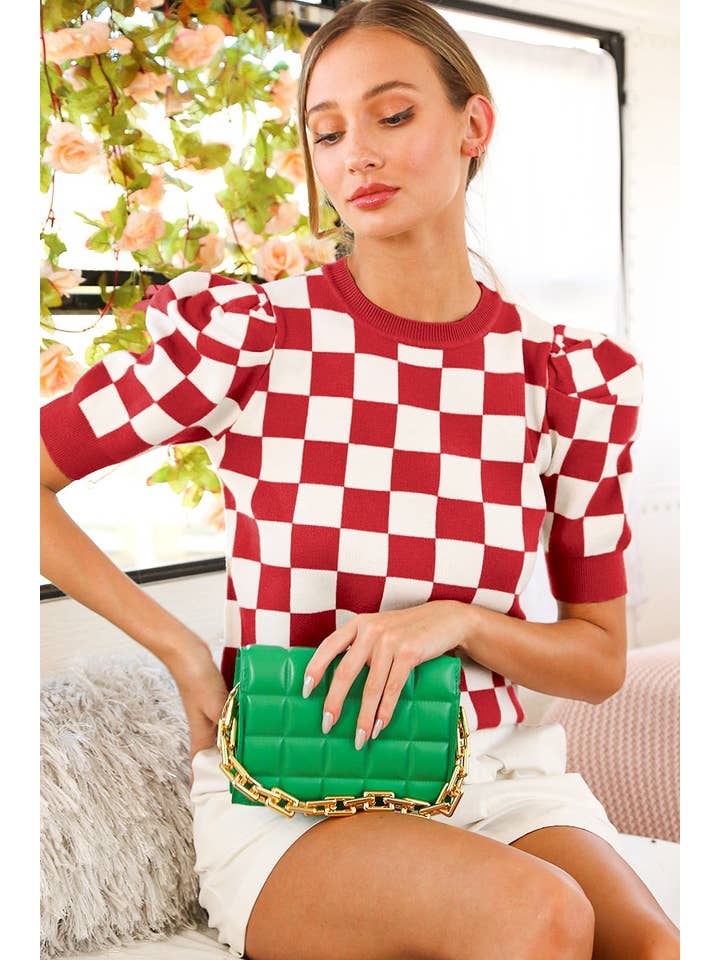 Vine & Love - Wholesale Knit Sweater - Women's - Checkerboard Crew Neck Short Puff Sleeve Sweater VT813452
