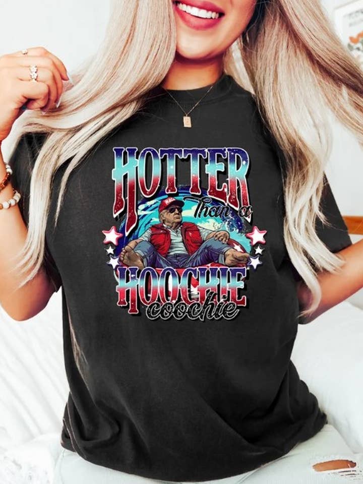 Black Hotter Than A Hoochie Coochie Shirt, Trump Summer Vibe Shirt for wholesale on Faire