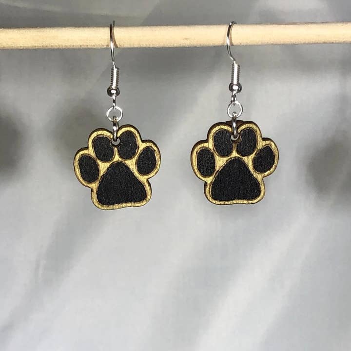 Black and Gold Paw Print Wooden Dangle Earrings for wholesale by Cates Concepts
