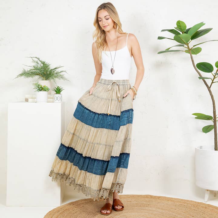 Latte Boho Patchwork Long Skirt with Denim& Lace Inserts for wholesale on Faire