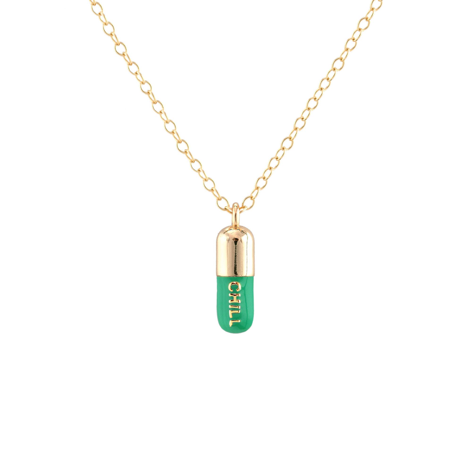 Kris Nations - Vente Colliers à pendentif - Collier Chill Pill en émail avec charme en vermeil 18 carats, argent sterling, chaîne en or rempli ou argent sterling, longueur réglable 16-18 pouces (40,6-45,7 cm), sans nickel, expédié de Californie15