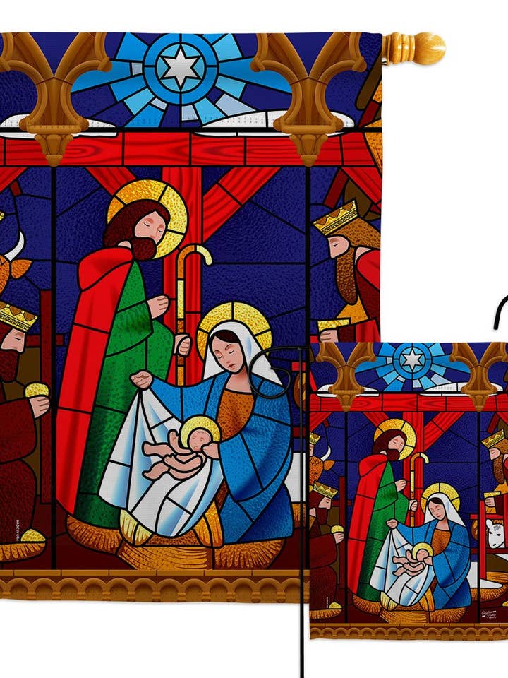 Stained Glass Nativity Wintertime Decor Flag for wholesale by Two Group Flag Co