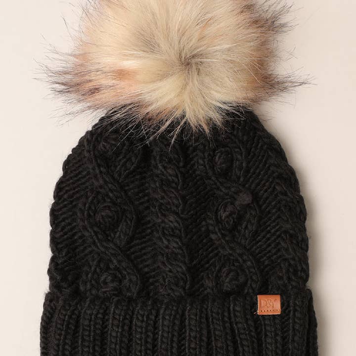 Fashion City - Wholesale Beanie – Women's - Popcorn Trim Knit Beanie w Faux Fur Pom