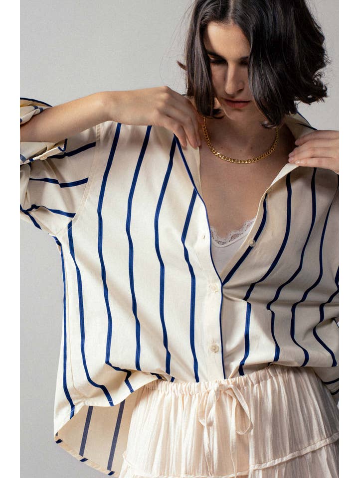 IVORY BLUE Oversized Coastal Stripe Button-Down Shirt for wholesale on Faire