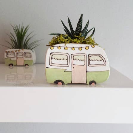 Small Vintage Green camper Planter for wholesale by Julie Richard Ceramist
