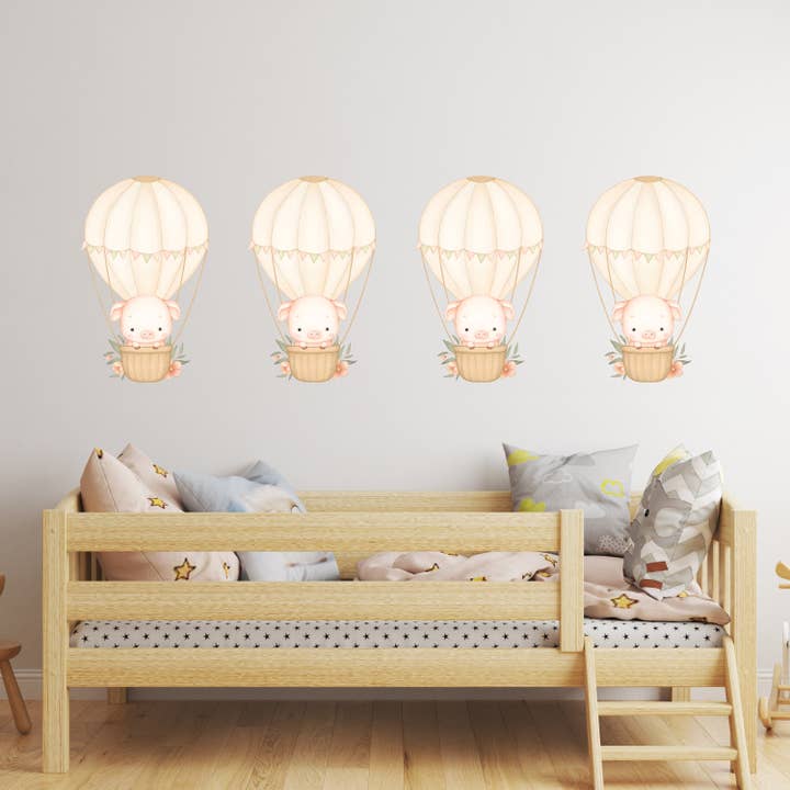 Hello Beautiful Designs – wholesale Väggdekor - Barn och baby – Varmluftsballong Väggklistermärke Barn Sovrum Flickor Dekor Barnkammartapet Idé Barn Baby Pig Söt lantbruksdjur Småbarn Flytande Design