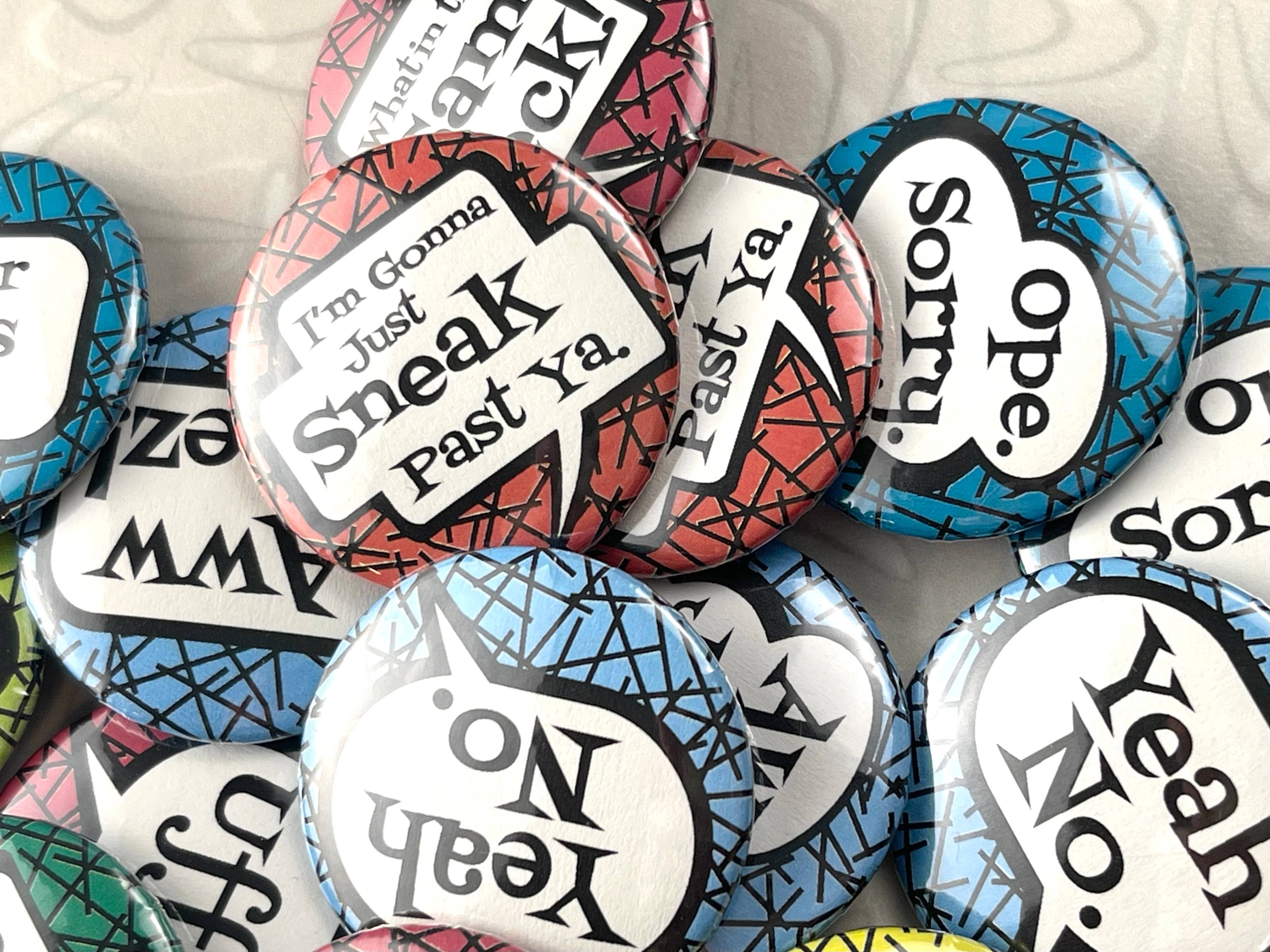 Beckamade - Wholesale Lapel Pin/Button - 18 Comic Style Midwest Sayings  1.25 inch Round Button Pins4