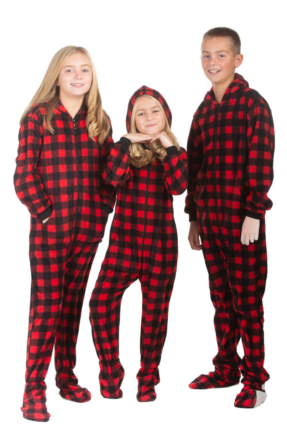 Big Feet Pajamas – Großhandel Einteiler – Kinder – Hoodie Footed Onesie Buffalo Fleece-Pyjamas mit Karomuster3