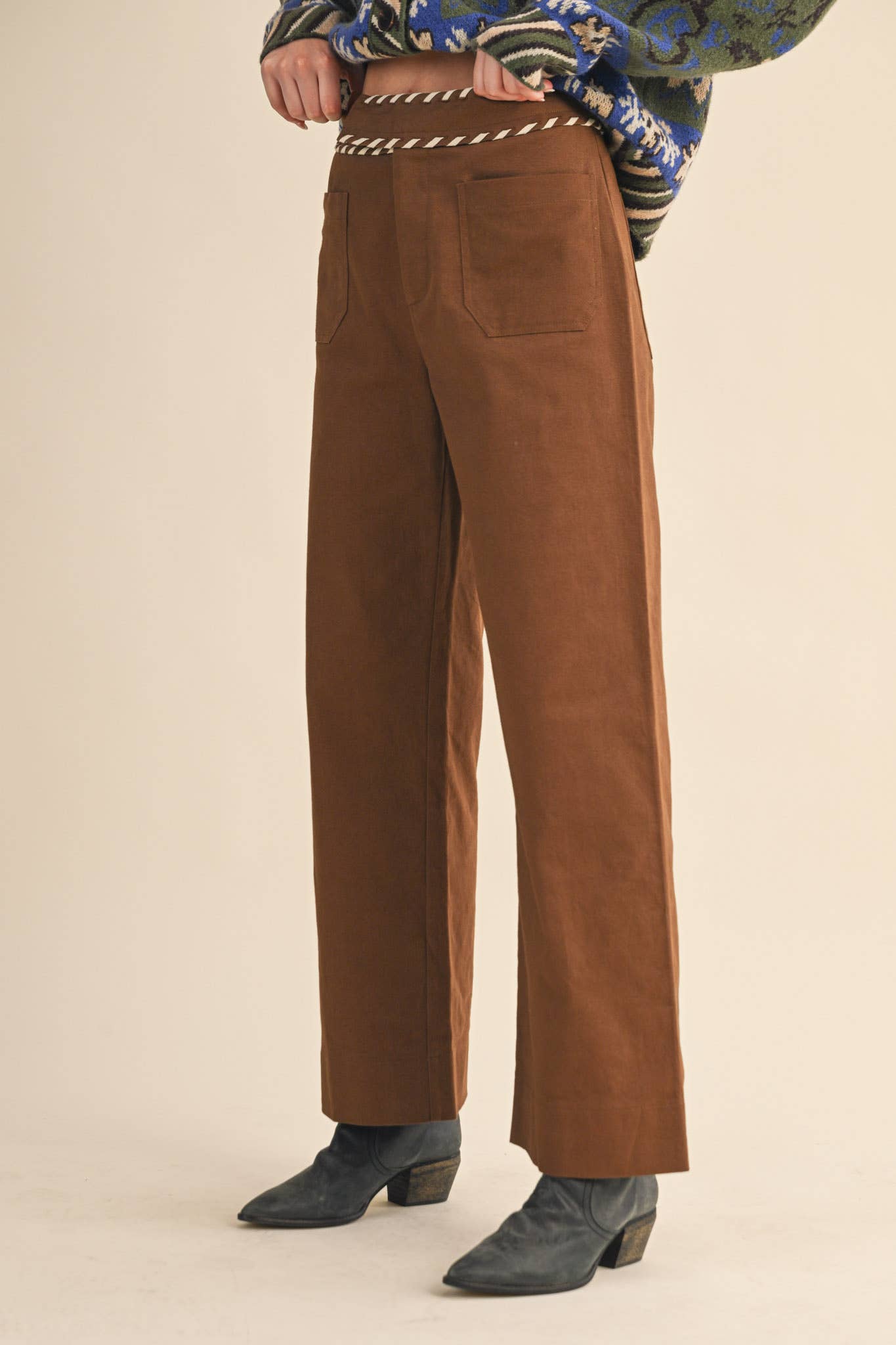 &MERCI - Wholesale Pants - Women's - HIGH WAIST WIDE LEG PANTS WITH WHIP STITCH TRIM MP421817