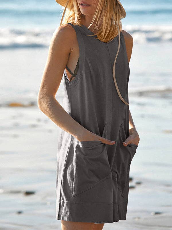 Basis Fancy - Wholesale Romper - Women's - Loose Sleeveless Pockets Solid Color Round-Neck Rompers18
