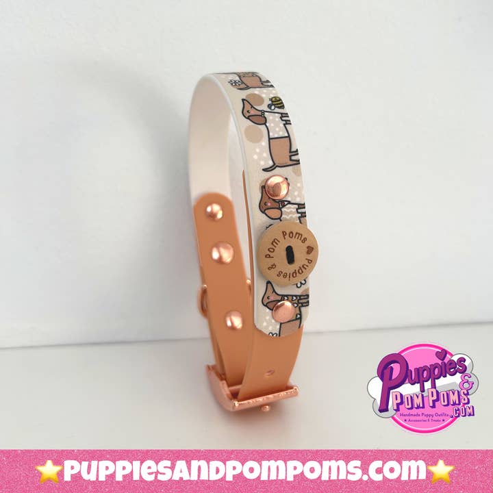 Puppies & Pom Poms - Wholesale Pet Collar - Dog - Bee Happy Dachshunds - Handmade Biothane Dog Collar - Tan8