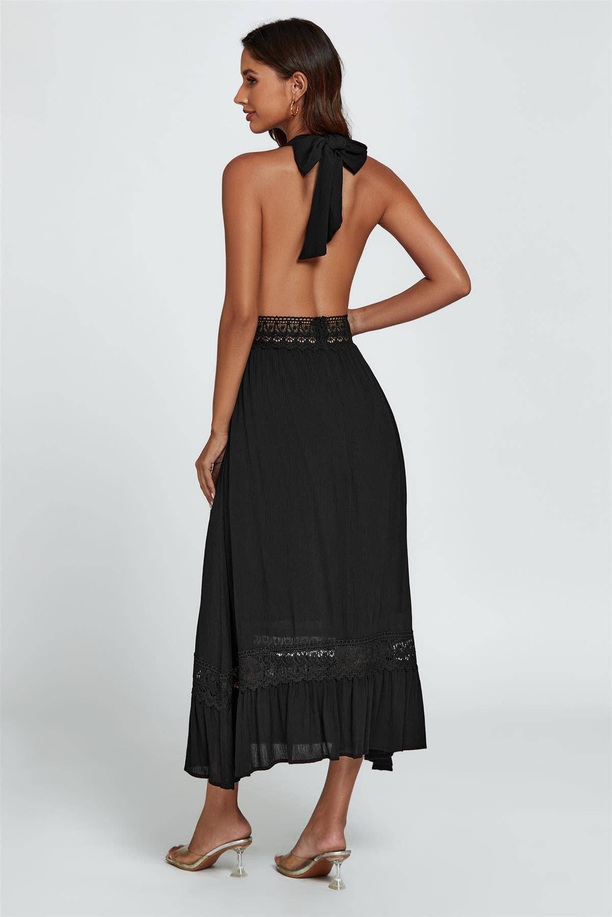 Lace Detail Adjustable Deep V Neckline Maxi Dress In Black for wholesale on Faire4