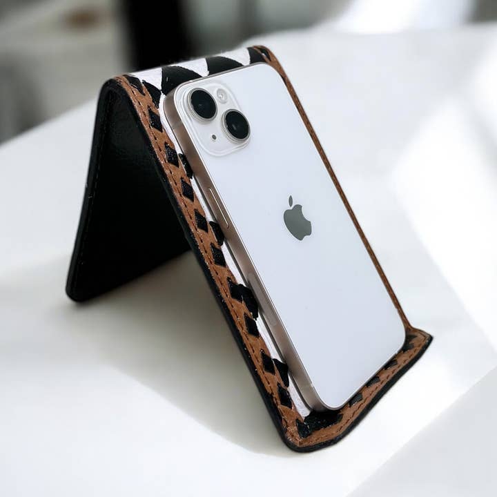 Checker tooled leather phone stand for wholesale by Western Linens